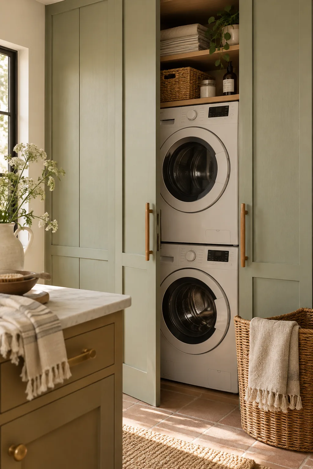 Tall kitchen pantry cabinets opened to show a stacked washer and dryer.