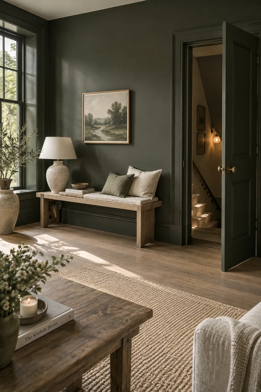 A dark painted wall with a hidden door featuring continuous baseboards.
