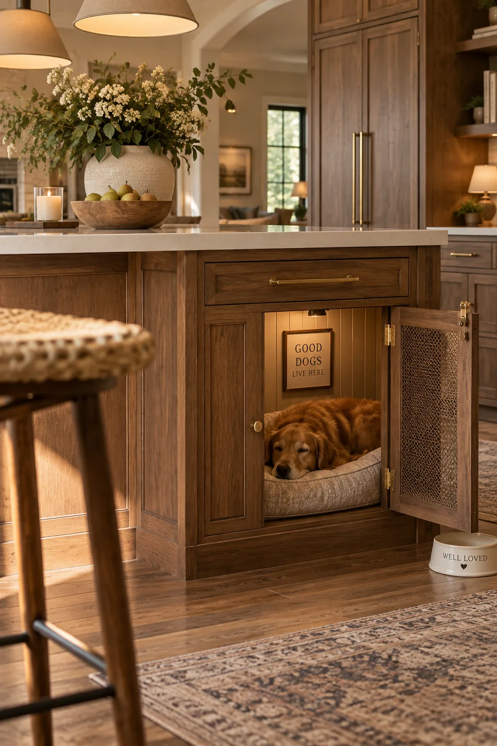 A kitchen island with a hidden mesh cabinet door for a dog crate.