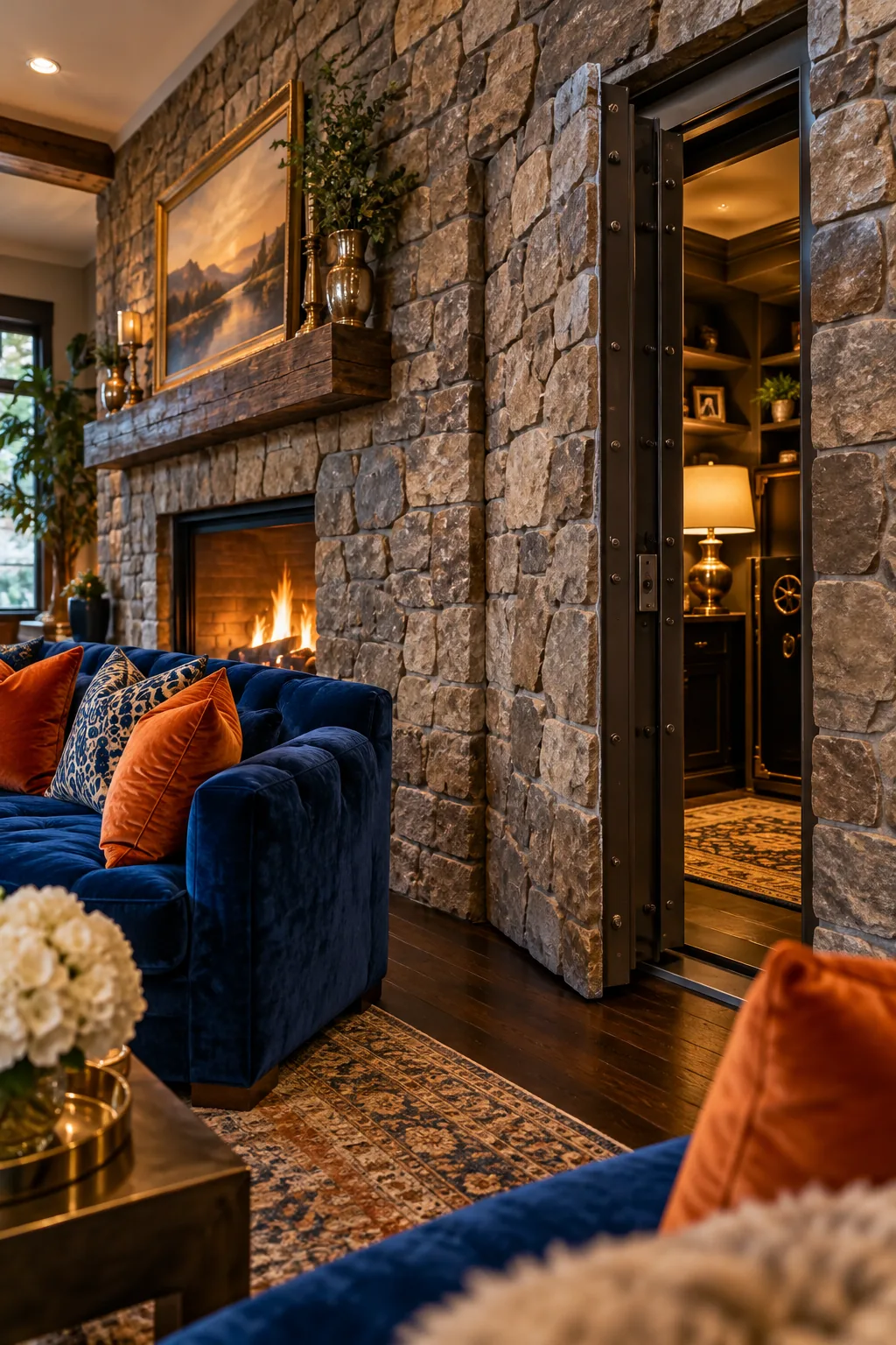 A stone fireplace wall with a secret door slightly open.