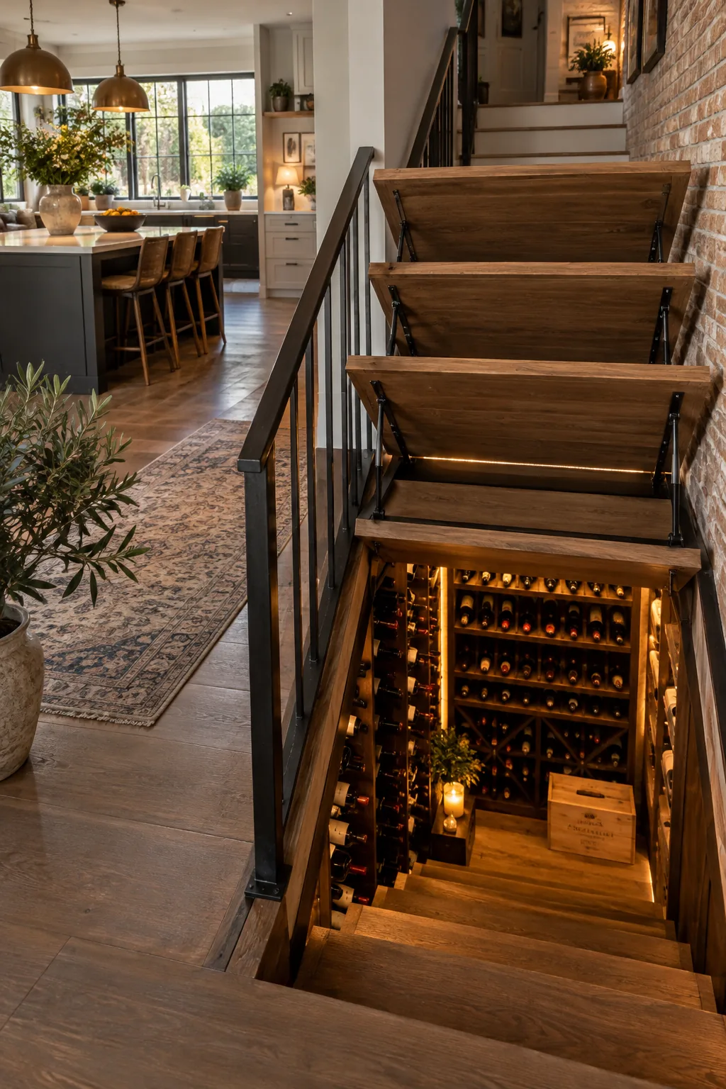 Wooden staircase treads lifted on gas struts to reveal a wine cellar.