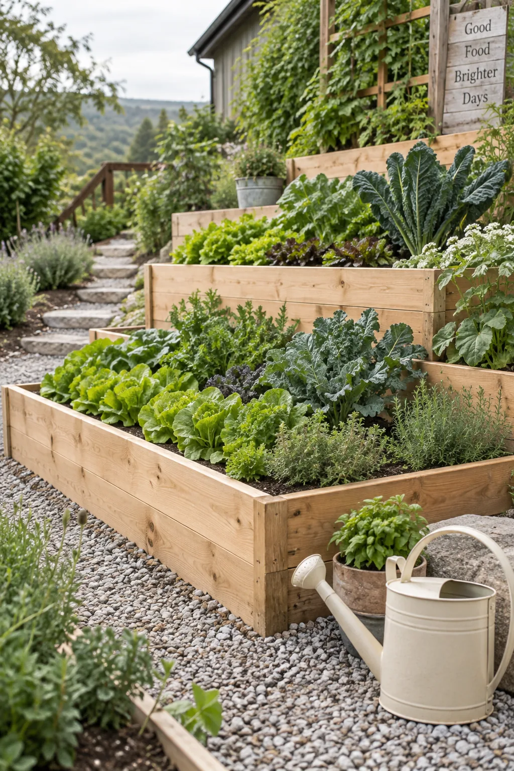 wooden raised garden beds built into a terraced slope