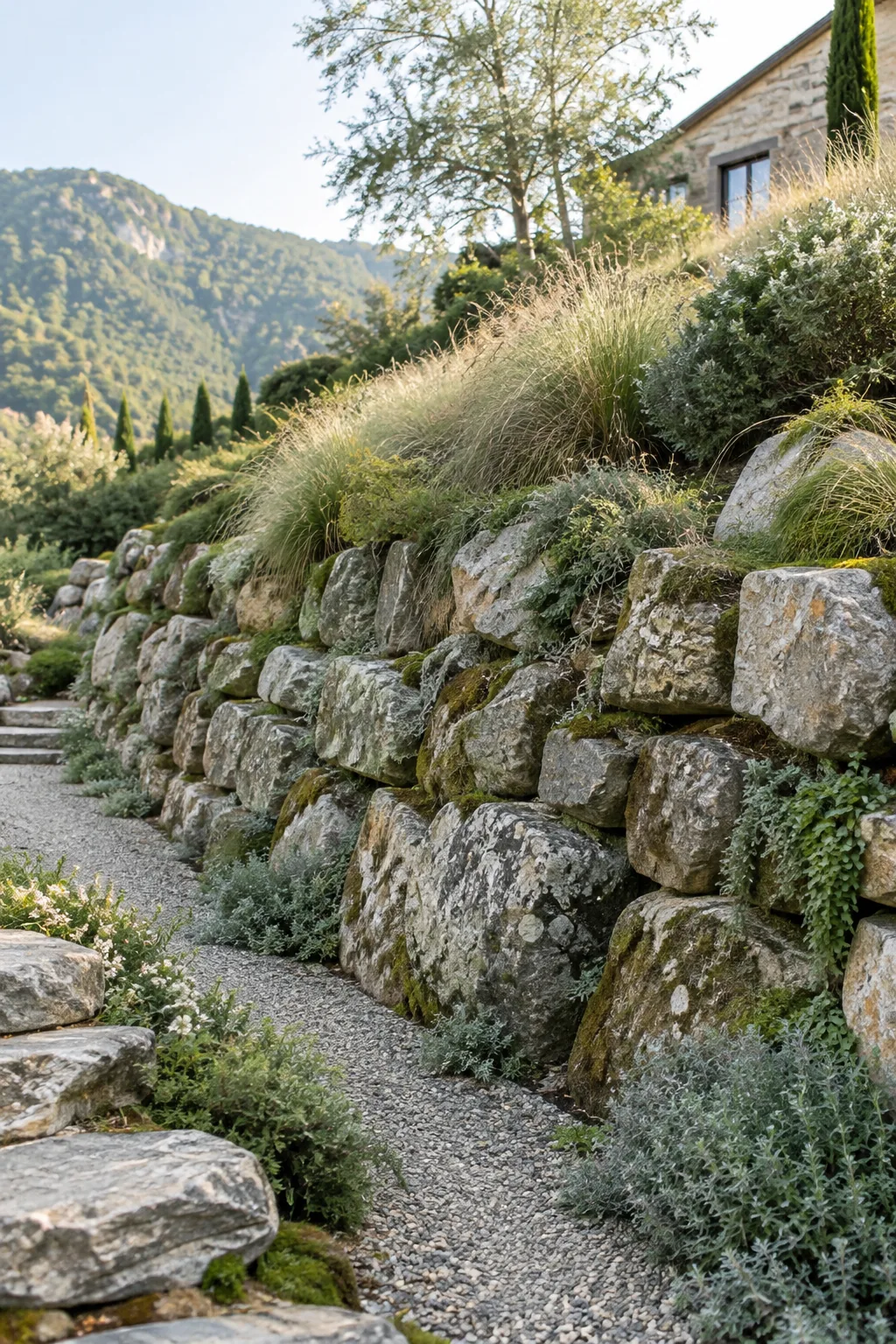 large fieldstones dug into a dirt hill as a natural wall