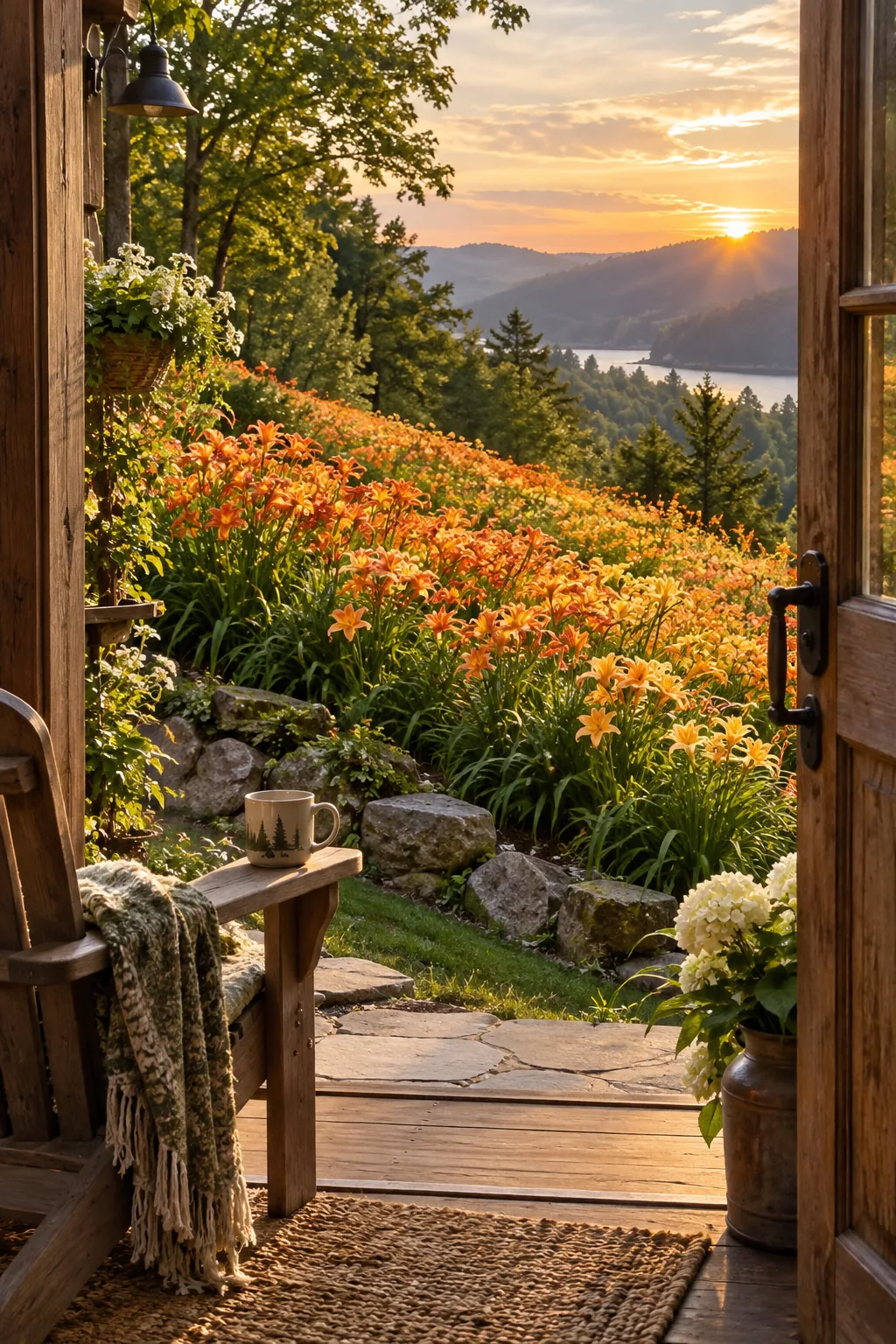 bright yellow daylilies blooming across a steep bank
