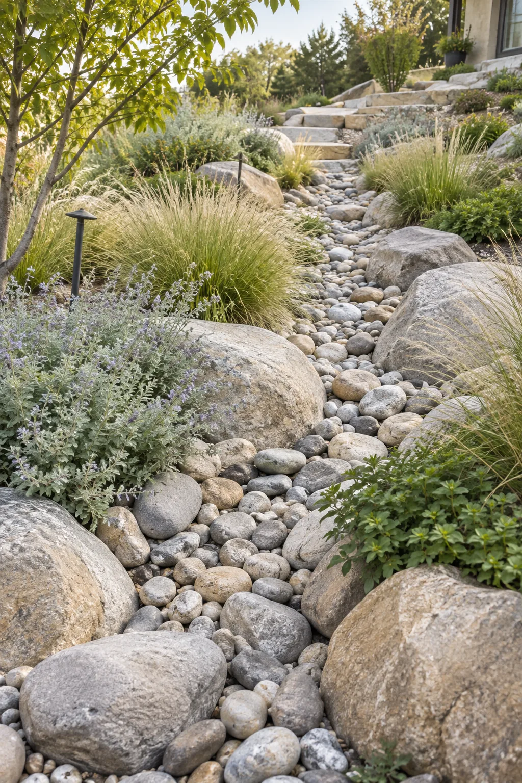 shallow trench filled with river rock winding down a hill