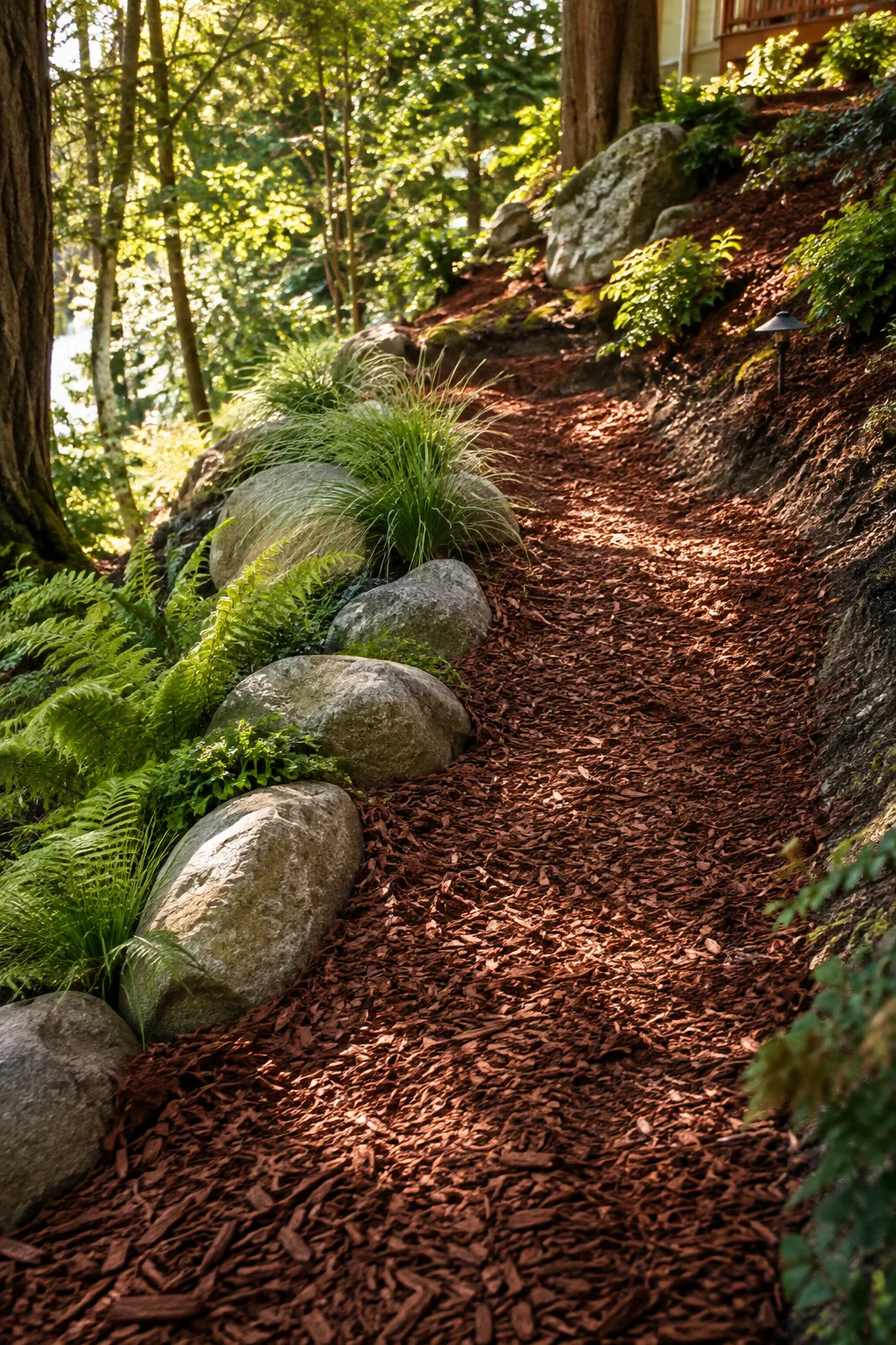 switchback dirt path covered in cedar mulch on a slope