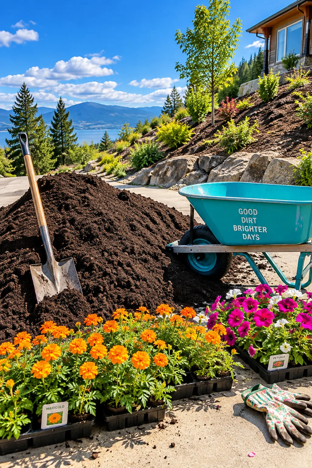 pile of dark topsoil dumped on a driveway