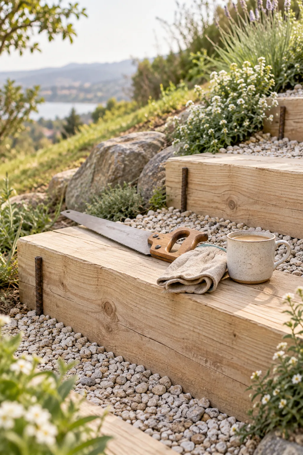 rustic stairs made from landscape timbers and gravel on a hill