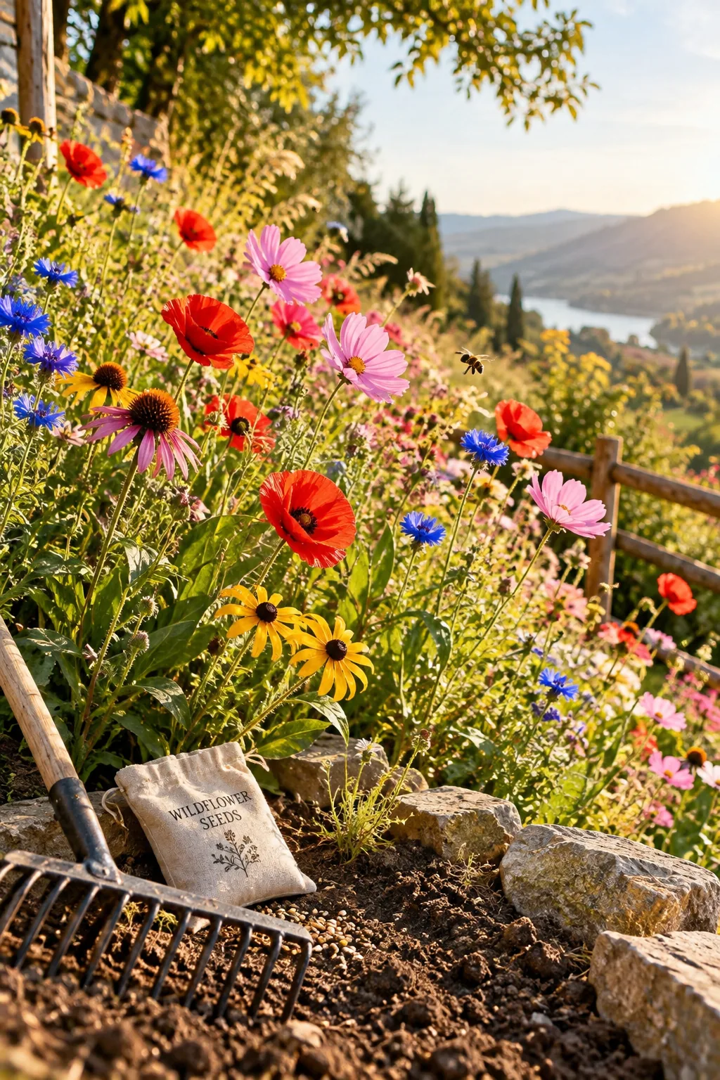 colorful wildflowers blooming wildly on a steep hillside