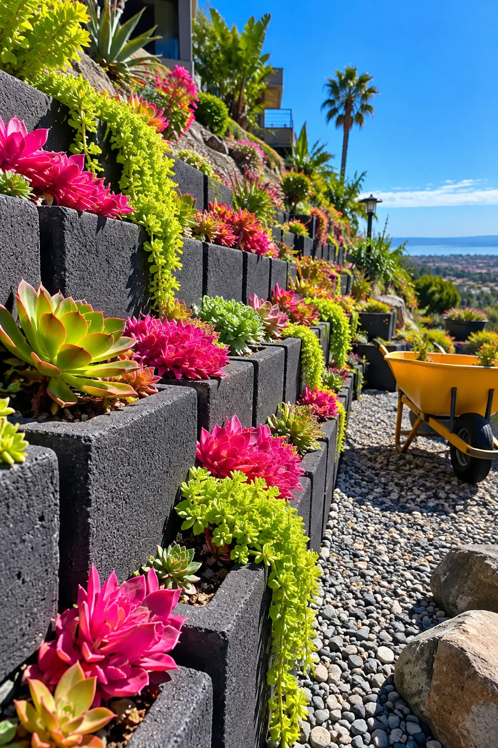 modern retaining wall built from stacked cinder blocks
