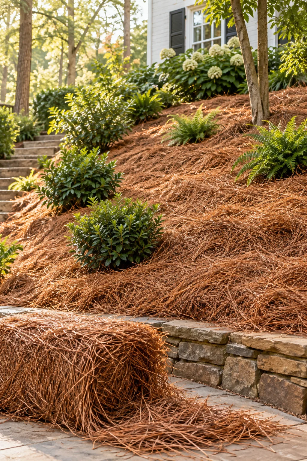 pine straw mulch spread thickly over a sloped garden bed