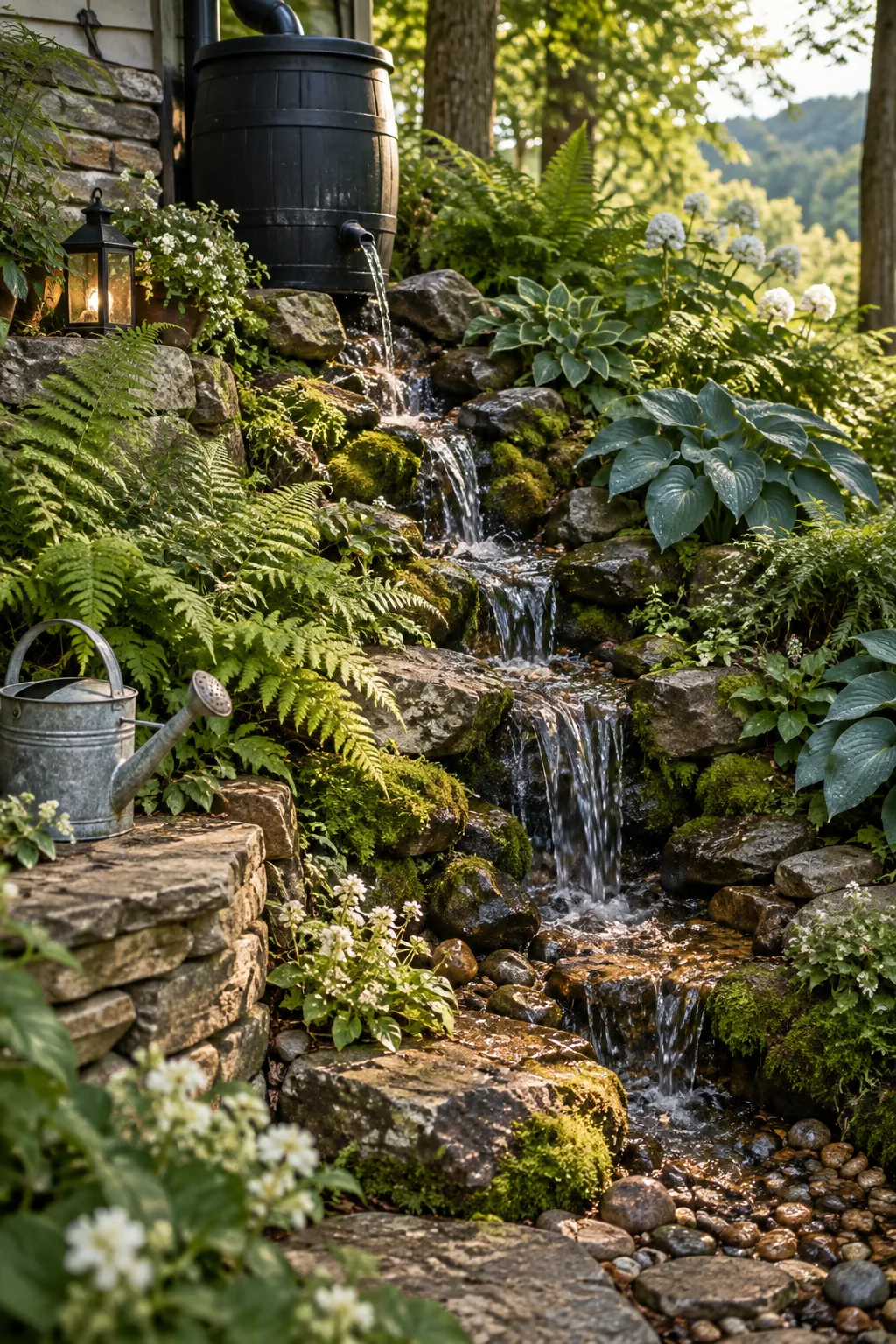 rocky channel with ferns catching water from a hidden barrel
