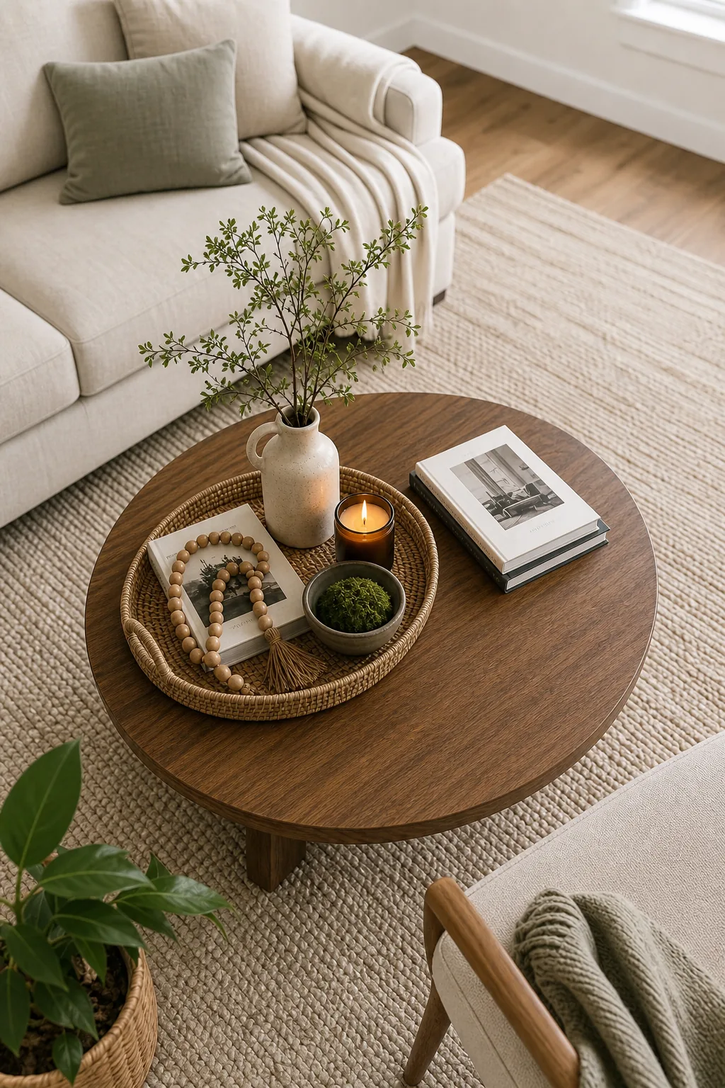 Overhead view of a styled round coffee table showing the proportion of decor to bare wood.