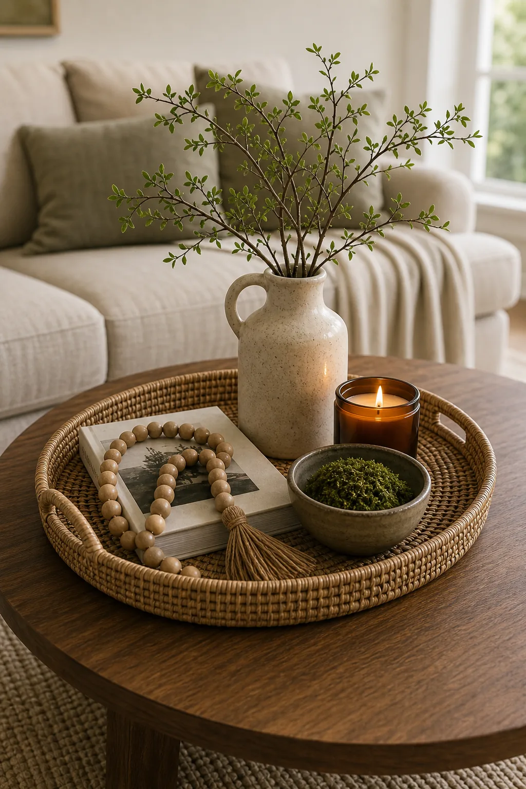 A round woven rattan tray holding books, a candle, and a vase on a wooden table.