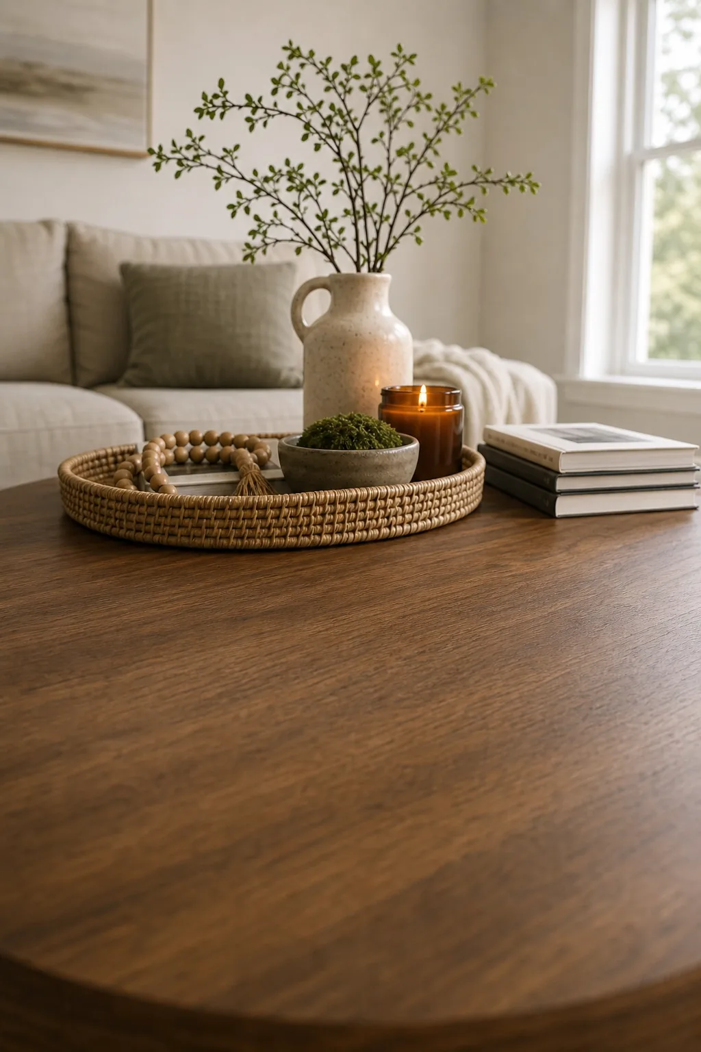 The bare wooden surface of a coffee table with decor pushed toward the back.