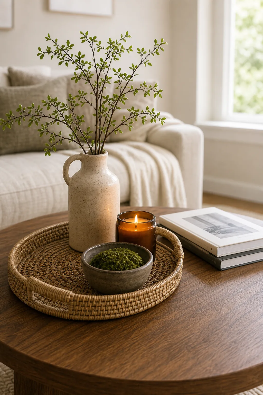 A tall ceramic vase with greenery placed next to a shorter amber candle and flat books.