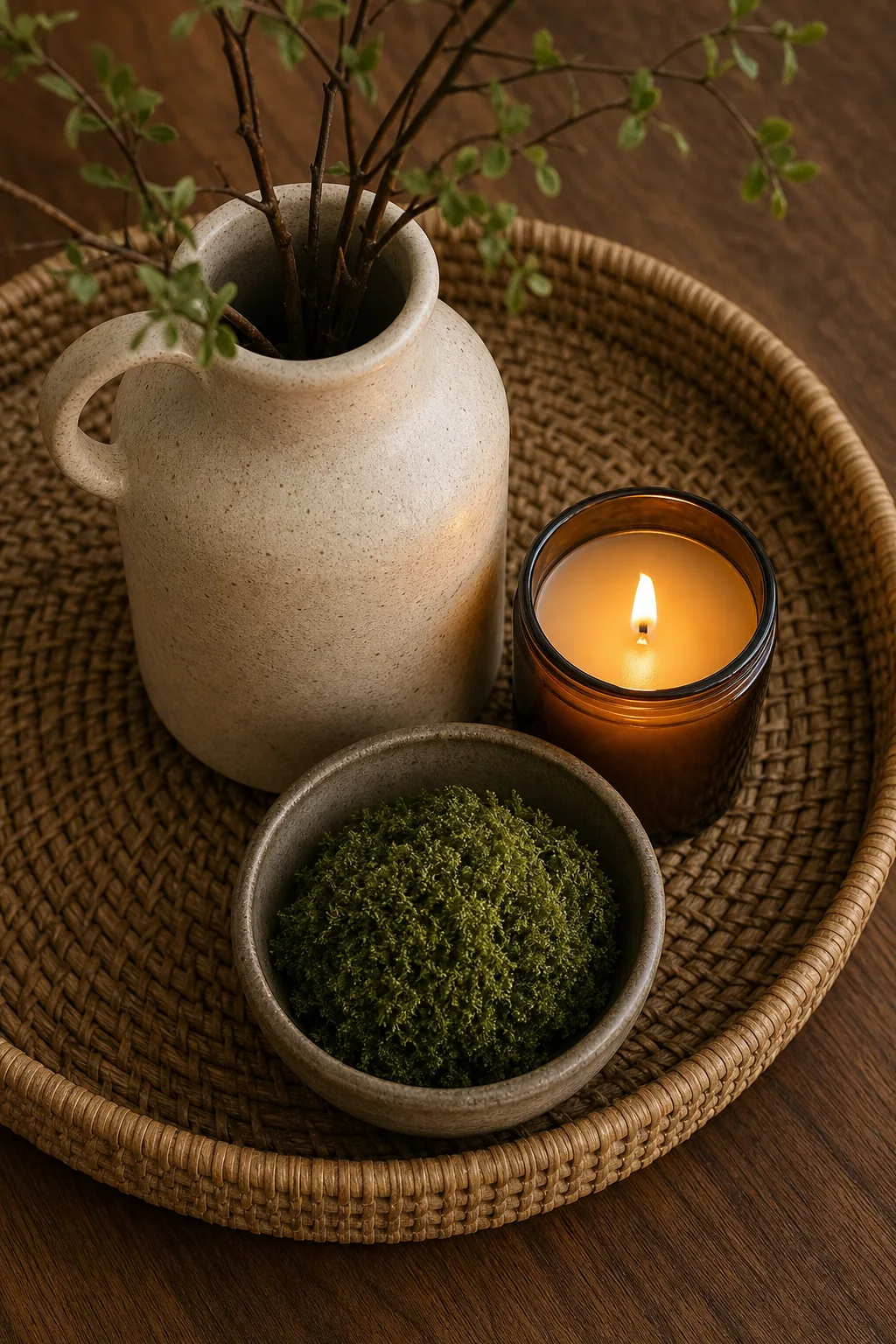 Top-down view of a vase, candle, and moss bowl grouped closely together.