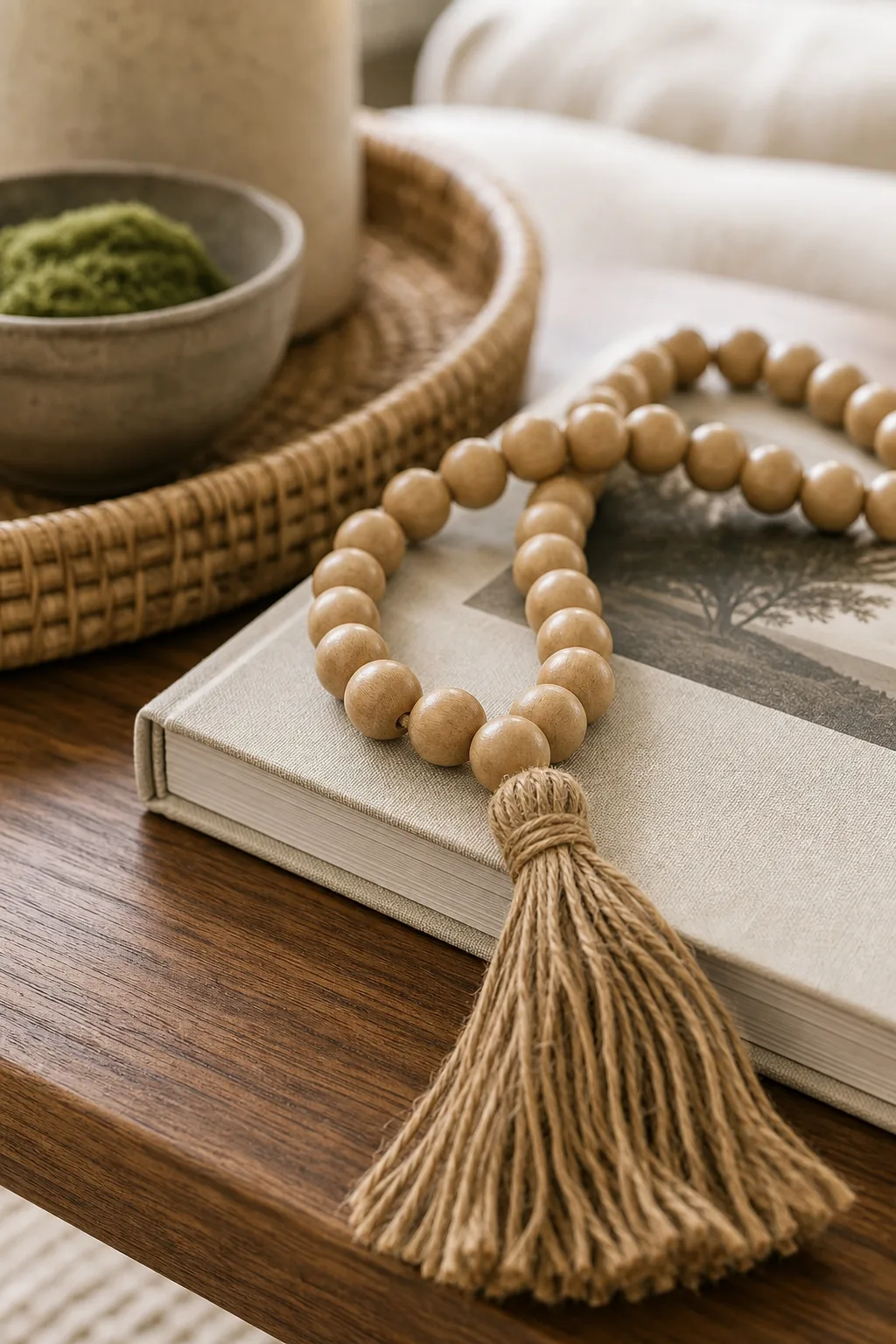 A string of light wooden beads with a tassel draped over a linen book.