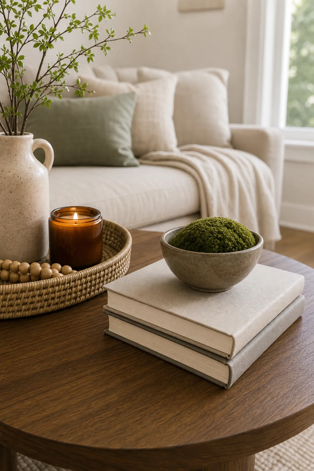 Two thick books with neutral spines stacked to elevate a small decorative bowl.