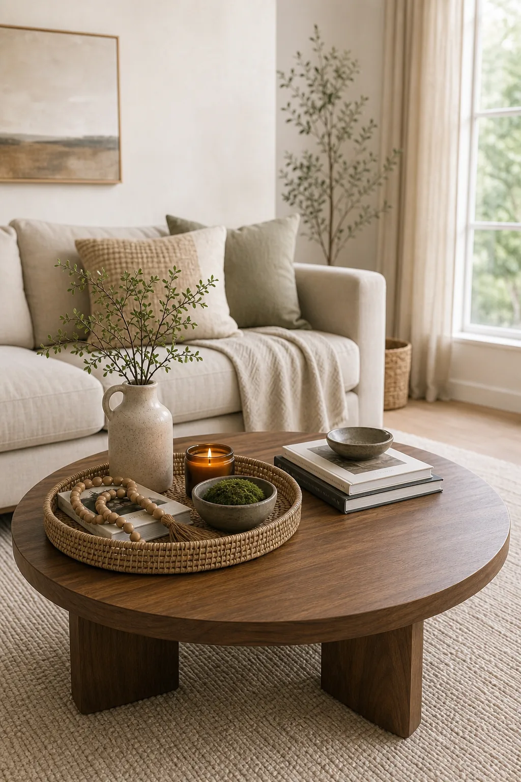 A perfectly styled coffee table sitting in front of a light linen sofa.