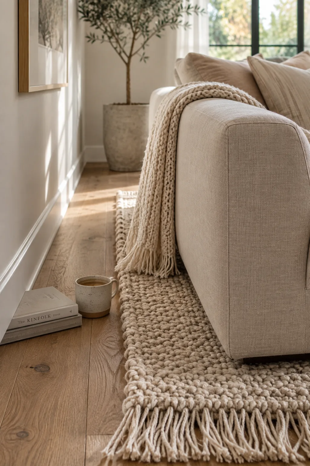 Living room with a sofa and chairs floating in the center over a large rug.