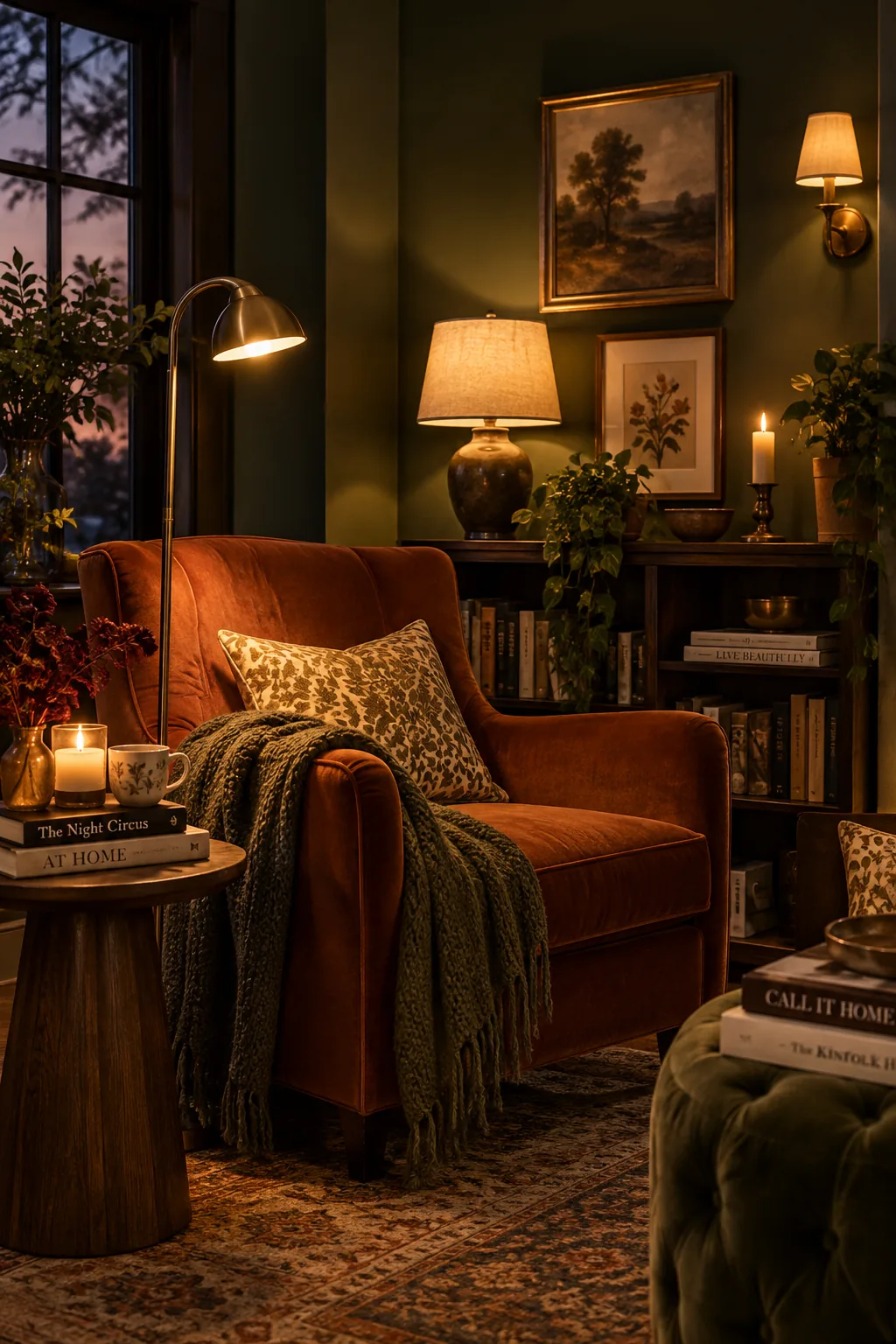 Cozy living room illuminated by a floor lamp and small table lamps.