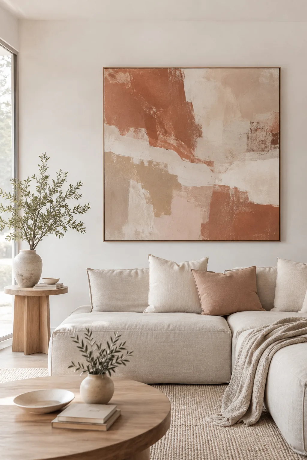 Large abstract canvas hanging over a modern sofa.