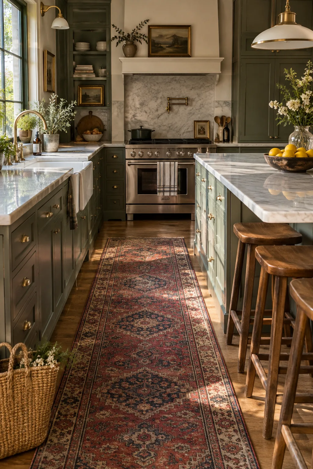 Kitchen galley with a distressed vintage runner on the floor.