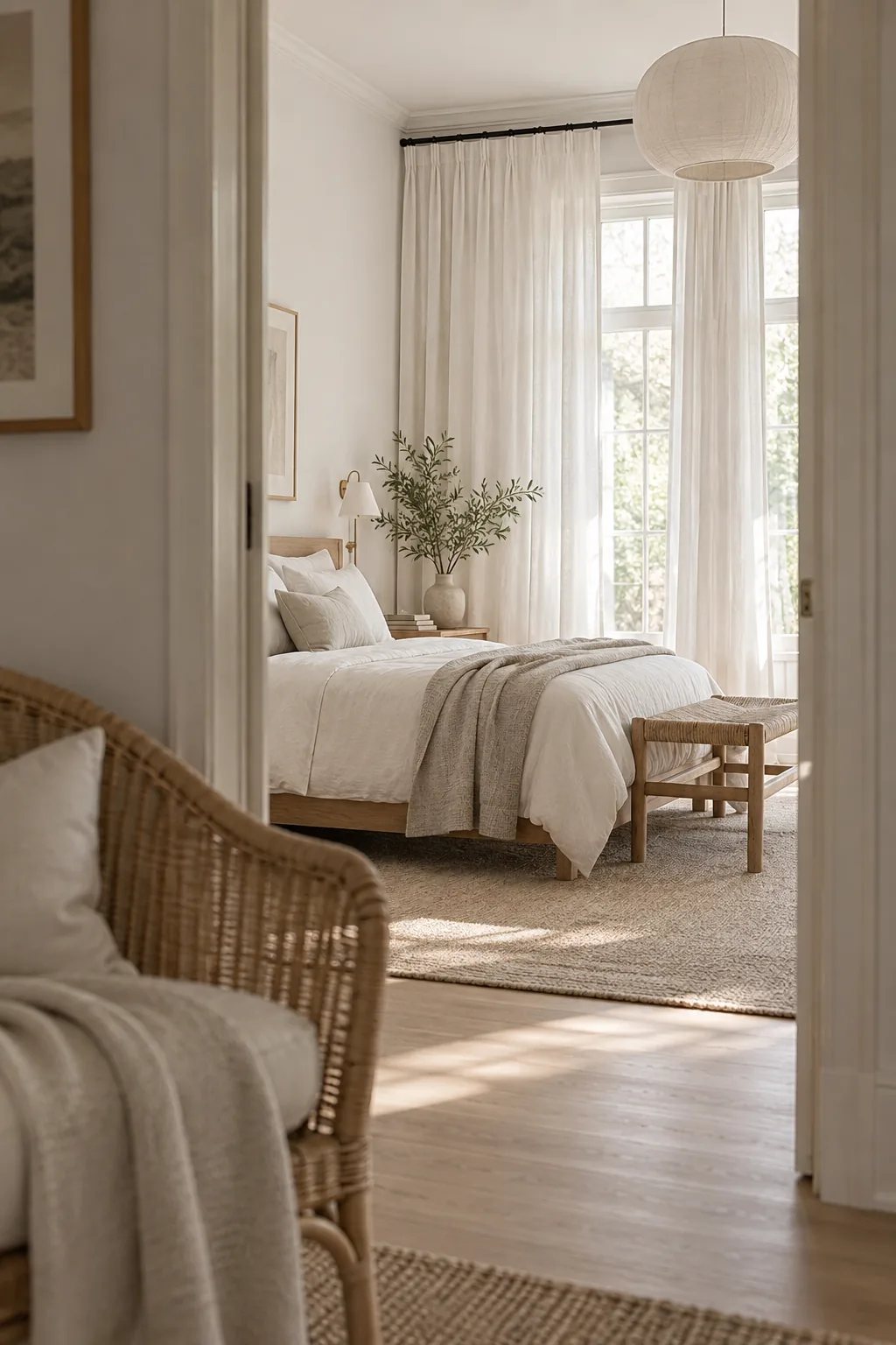 Tall windows framed by long linen curtains mounted near the ceiling.