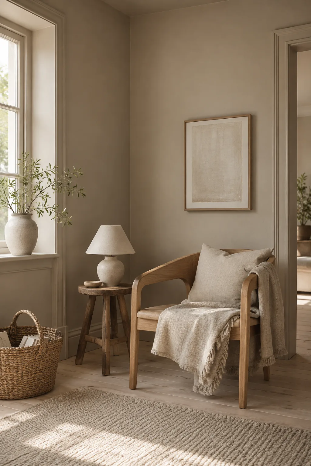 Room corner where the walls and baseboards are painted the same sage green.