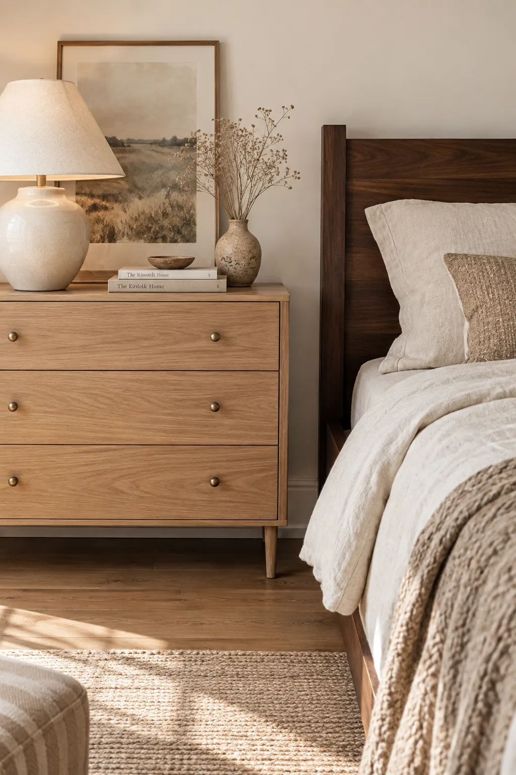Bedroom featuring a light oak dresser next to a dark walnut bed frame.