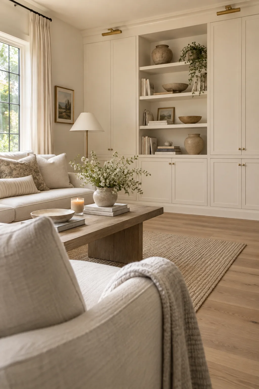 Floor-to-ceiling built-in cabinets painted to match the living room walls.