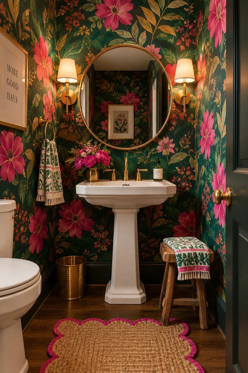 Tiny powder room covered in bold, dark floral wallpaper.