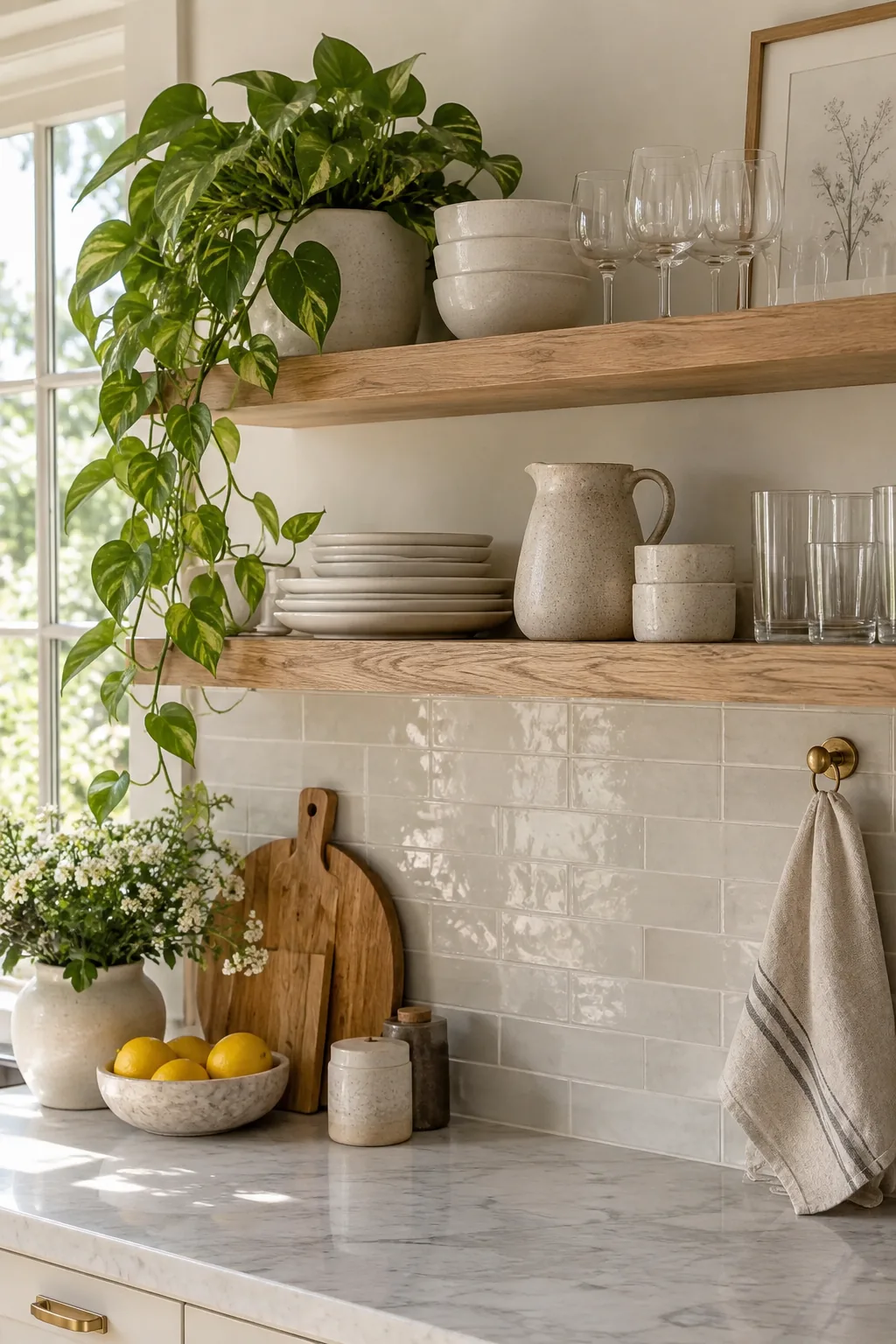 Kitchen with floating wood shelves holding white dishes and a small plant.