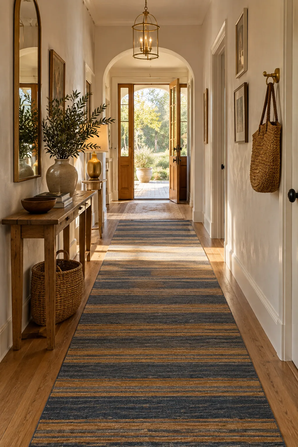 Wide vintage rug runner in a bright, white hallway.