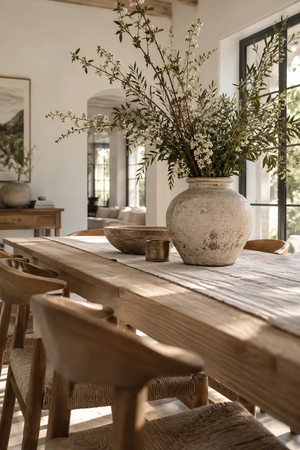 Large ceramic vase on a dining table holding tall, leafy branches.