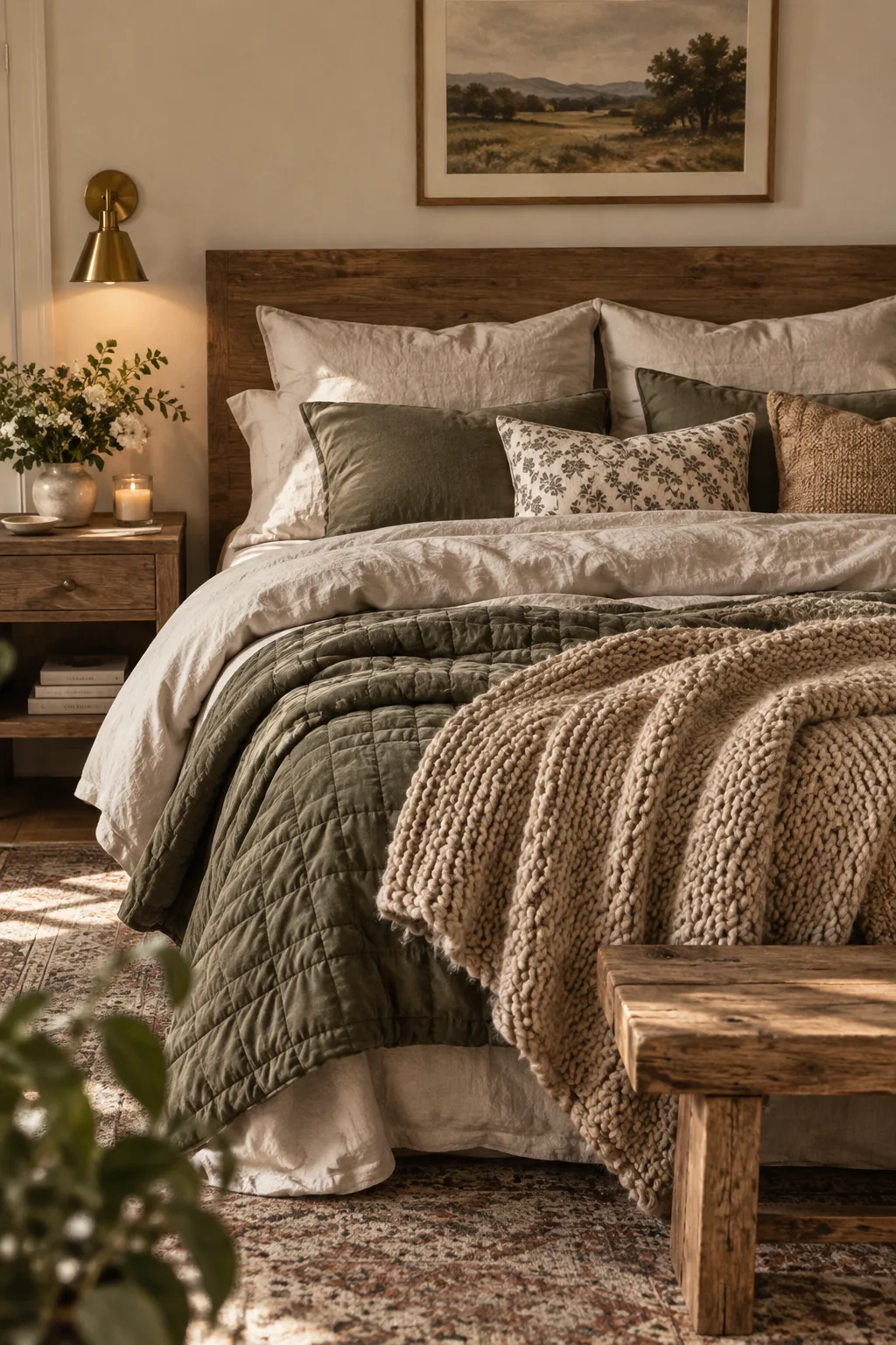 Bed styled with a folded-down duvet, linen sheets, and a chunky throw blanket.