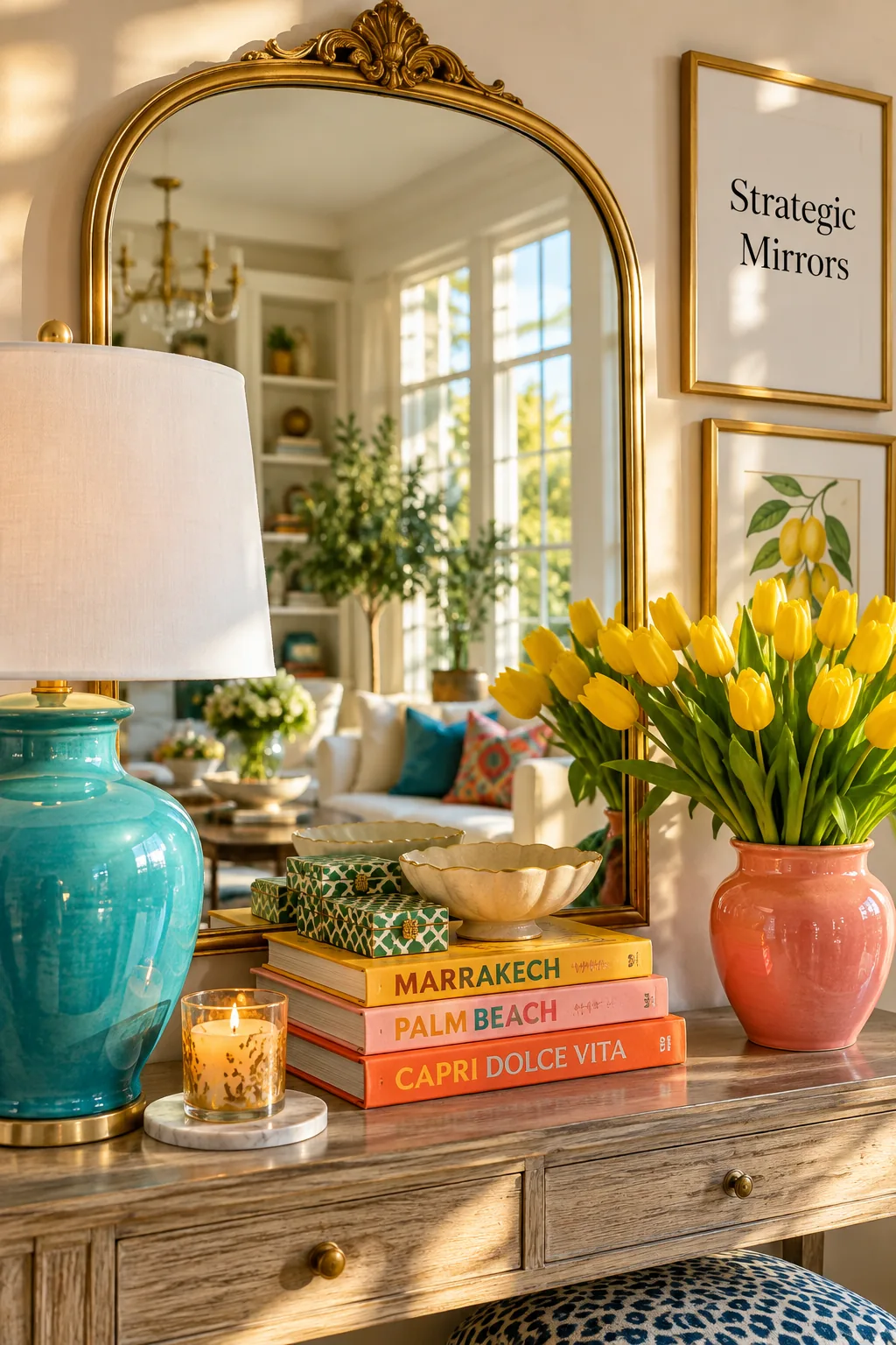 Large round mirror hanging on a wall reflecting a bright window.