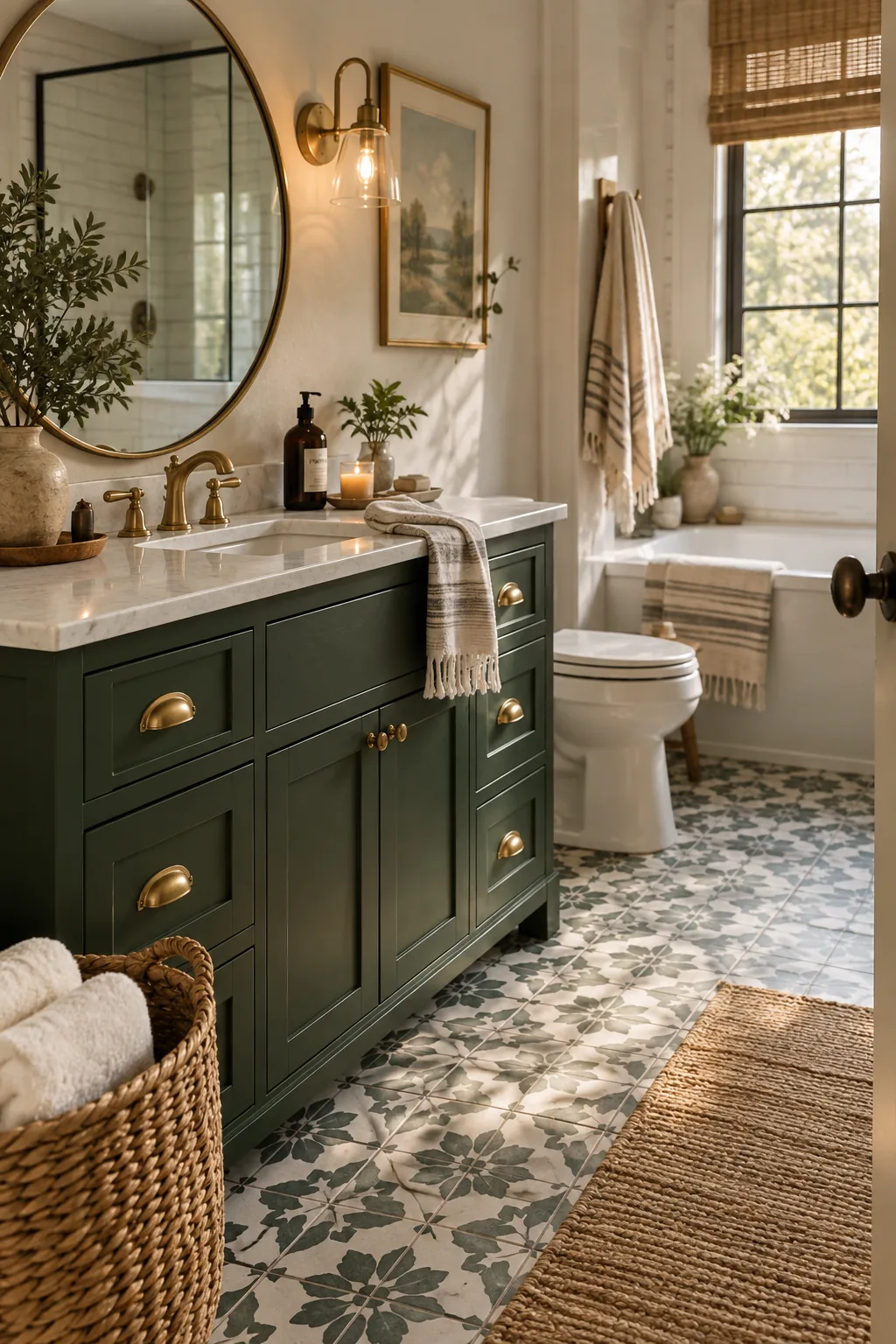 Bathroom vanity featuring unlacquered brass drawer pulls.