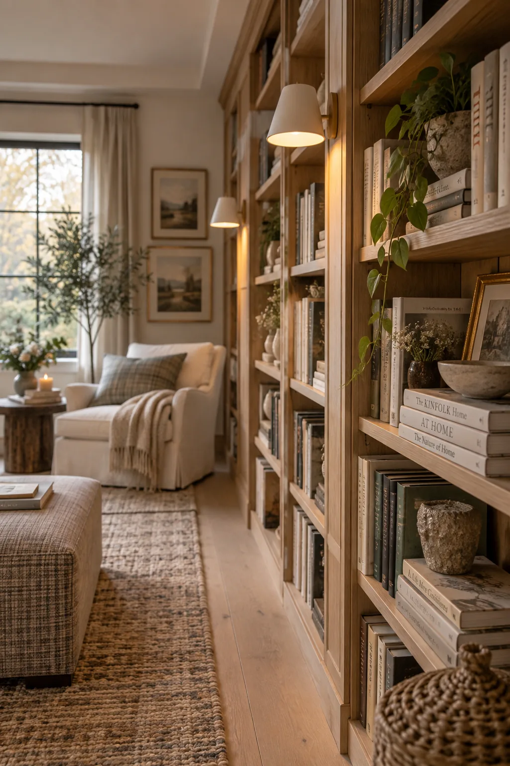 Brass wall sconce mounted to the vertical trim of a dark green bookcase.