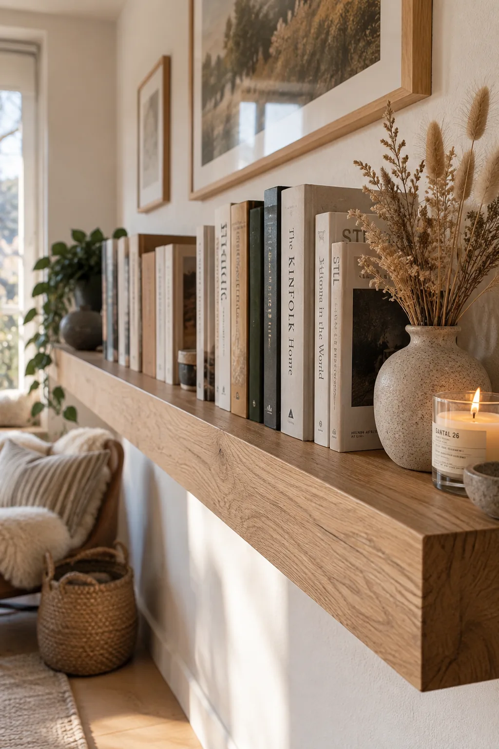 Thick oak floating shelves loaded with books against a white wall.