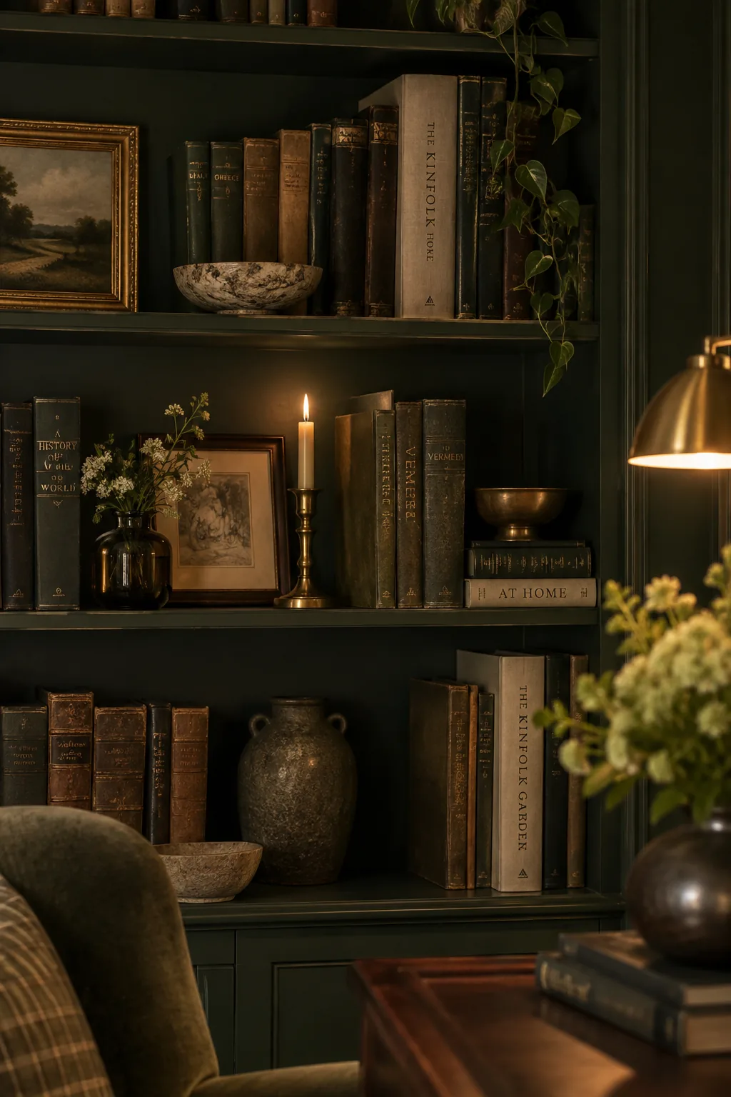 Three basic bookcases and the wall behind them painted in a matching dark navy blue.
