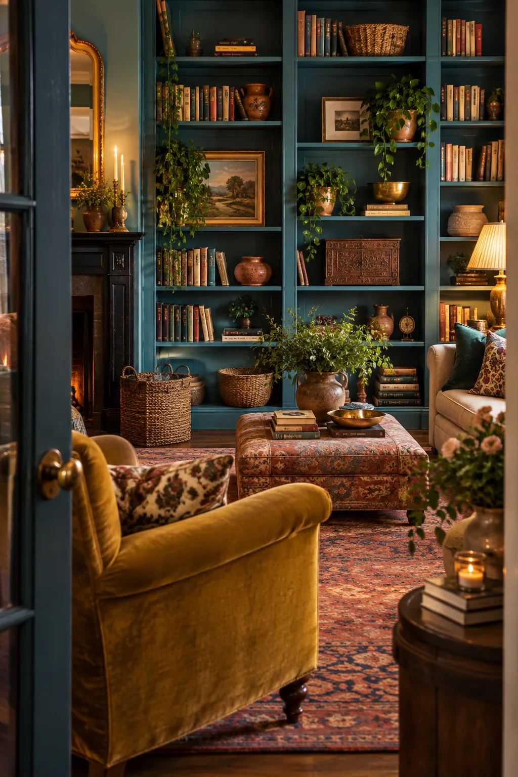 Styled bookcase featuring stacks of books mixed with a brass clock, a trailing plant, and a small framed painting.