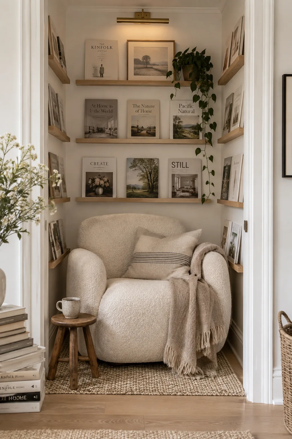 An empty closet converted into a reading nook with a leather armchair and narrow book ledges on the side walls.