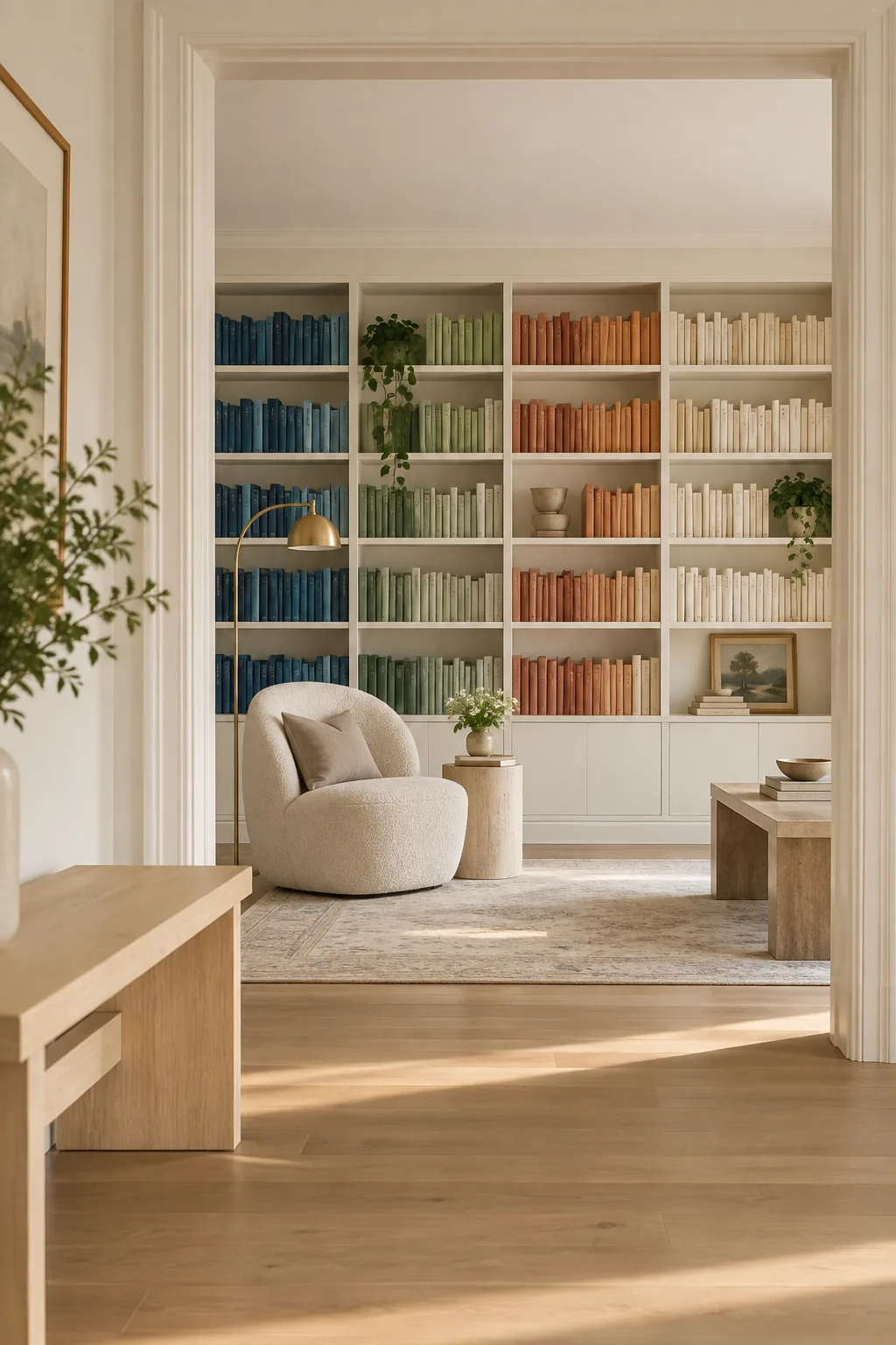 A modern white bookcase where books are arranged in a rainbow color gradient.