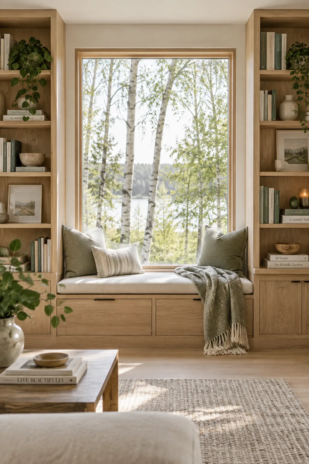 Two tall white bookcases framing a large window, connected by a built-in bench with pillows.