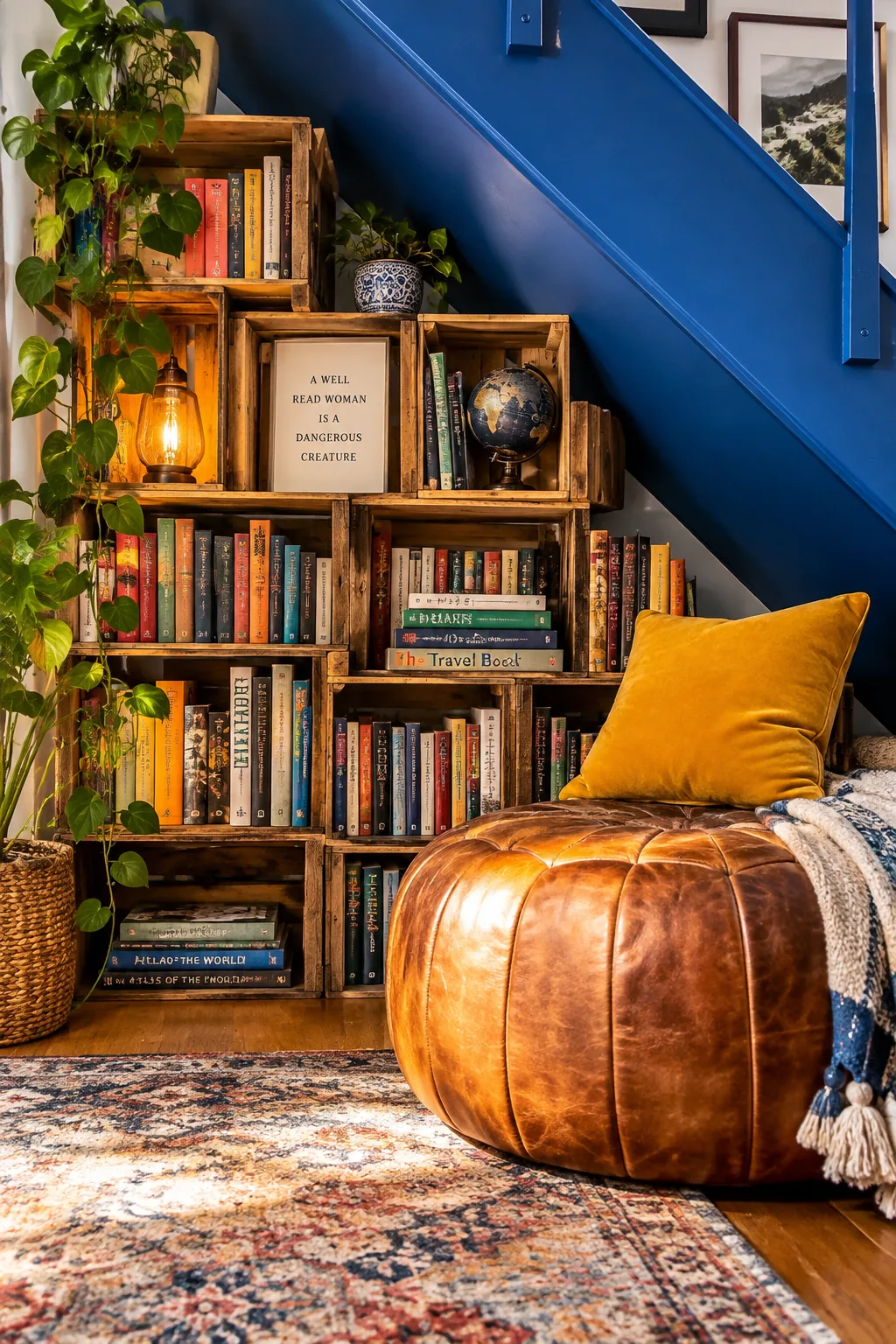 Custom triangular shelving built into the angled space beneath a staircase, filled with books.