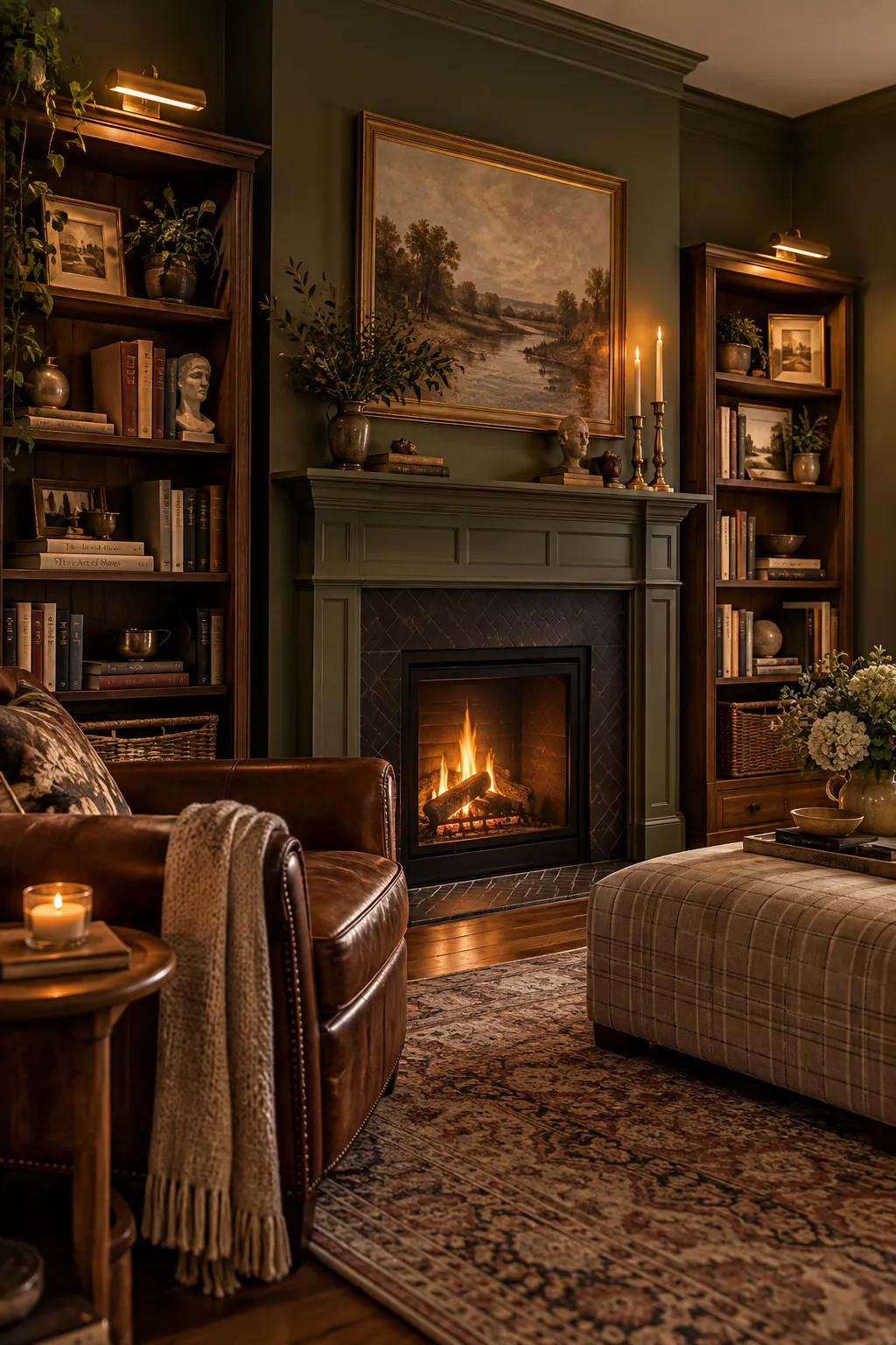 Symmetrical wooden bookcases placed on both sides of a brick fireplace, topped with brass picture lights.