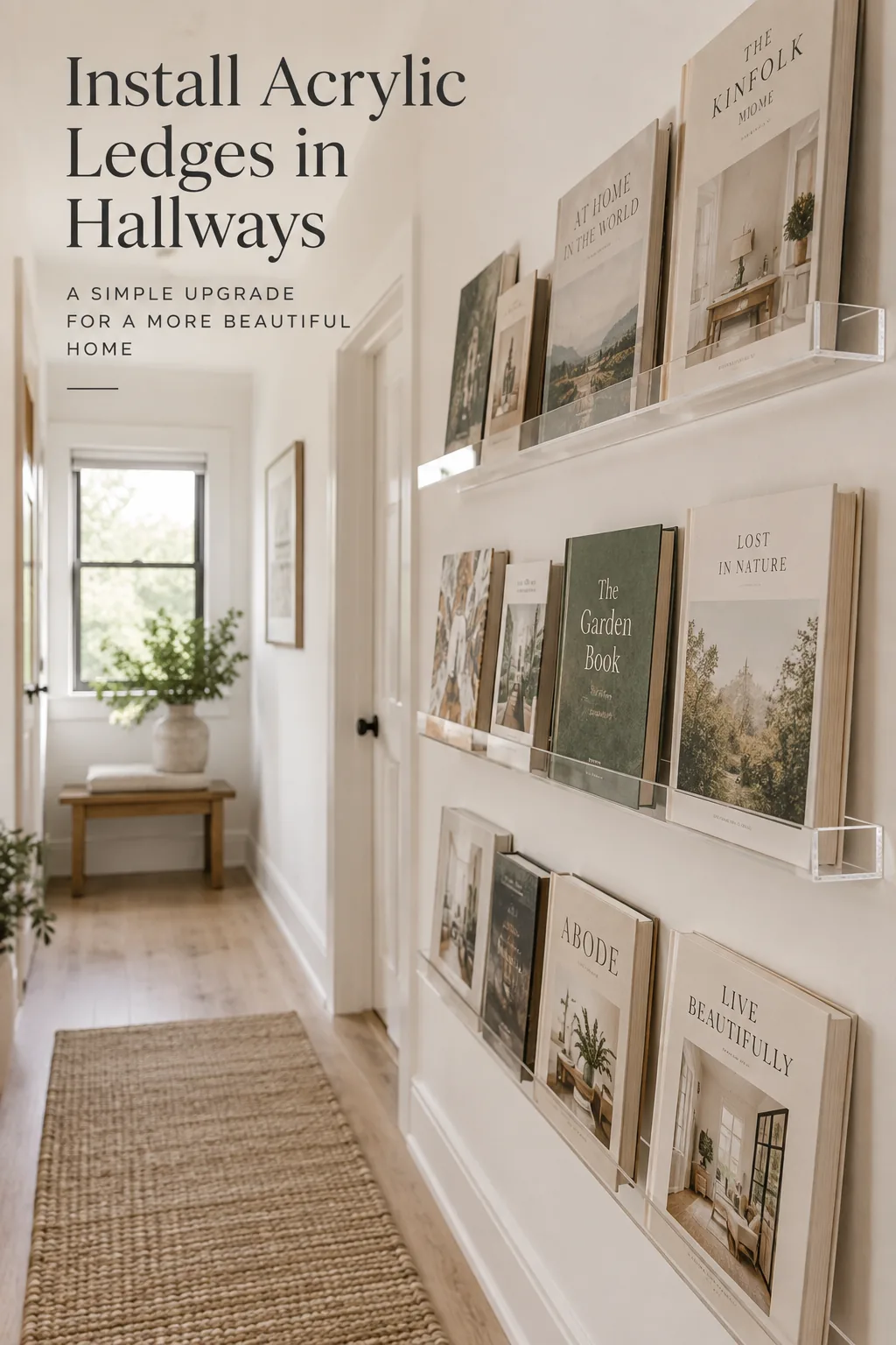 Clear acrylic wall ledges holding face-out books in a narrow white hallway.