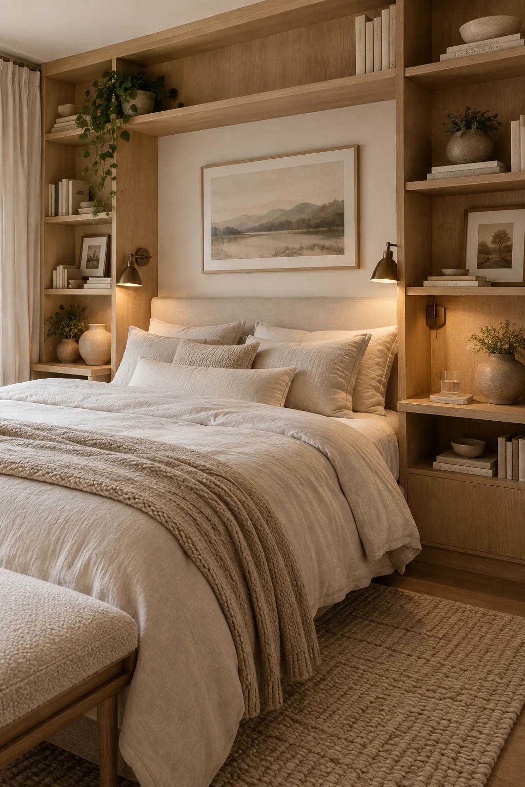 A bed framed by built-in bookshelves on the wall behind it, with swing-arm lamps attached.